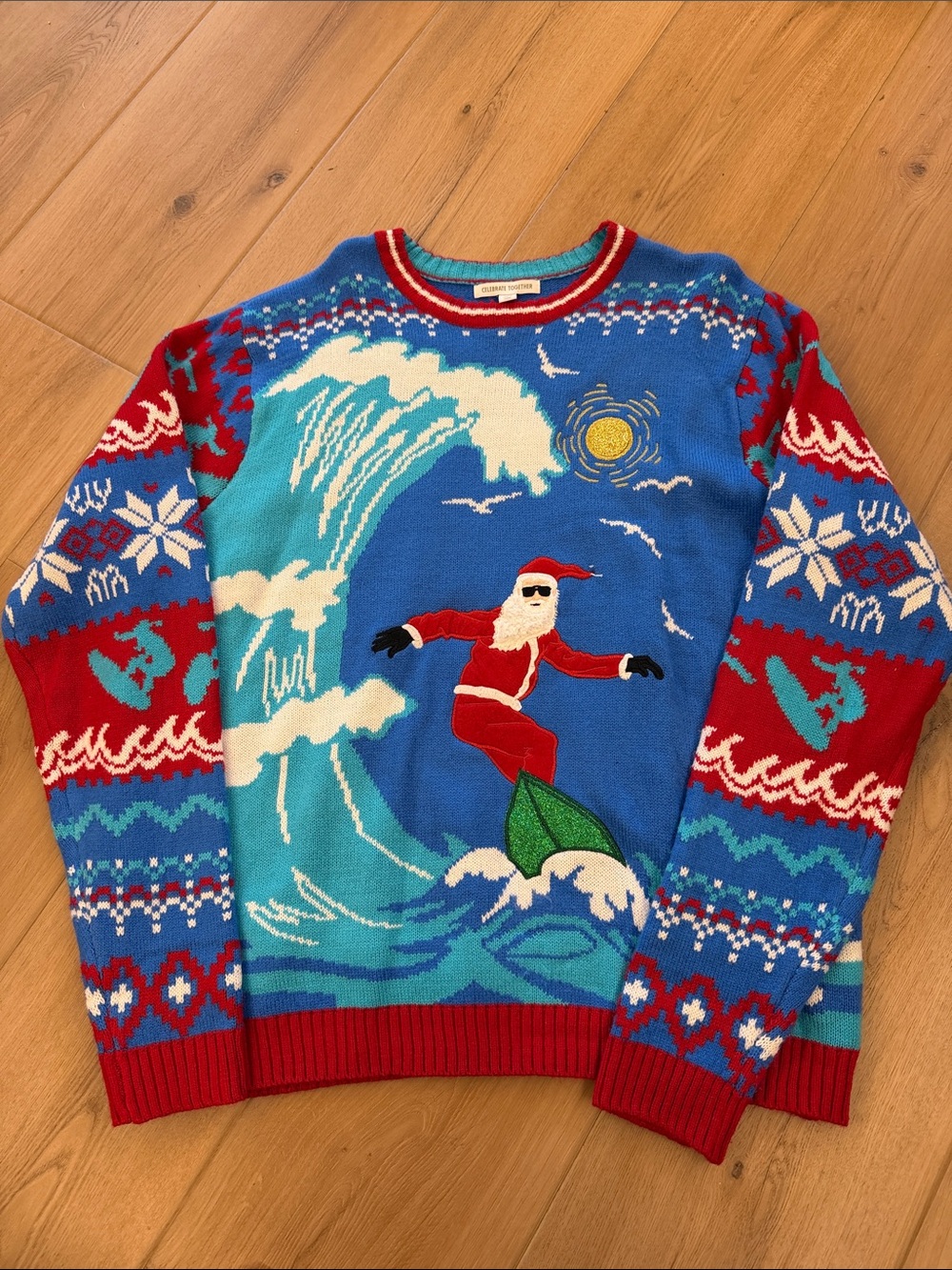 Holiday Surfing Santa Crewneck Sweater - Blue & Red